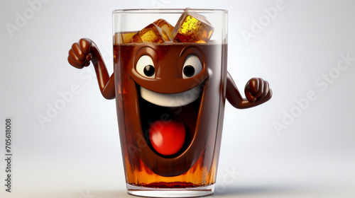 Glass of cola with a cheerful face 3D on a white background. photo