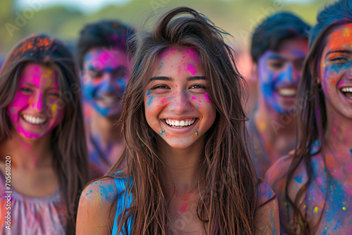 Portrait of group of friends having fun at holi color festival ai generated art