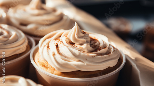 Closeup of a cup of whipped cream on top.