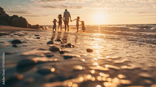 A family is seen walking on the beach during a beautiful sunset. This image can be used to depict family time, vacations, relaxation, and enjoying nature