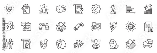 Icons pack as Stress, Energy inflation and Vaccination passport line icons for app include Yoga, Social distancing, Cogwheel timer outline thin icon web set. Time management, Vitamin h. Vector