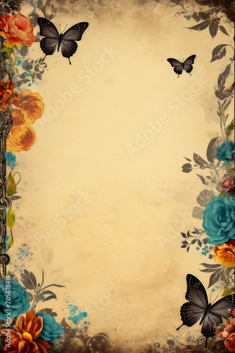 Grunge background with butterflies and flowers. Copy space for text.