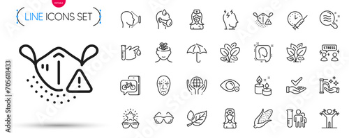 Pack of Anxiety, Umbrella and Skin condition line icons. Include Stress, Best glasses, Myopia pictogram icons. Leaf, Vaccination schedule, Oculist doctor signs. Eyeglasses. Vector