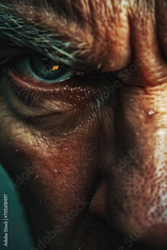 A close-up shot of a man's face, focusing on his striking blue eye. This image can be used to convey emotions, capture attention, or represent concepts related to vision and identity