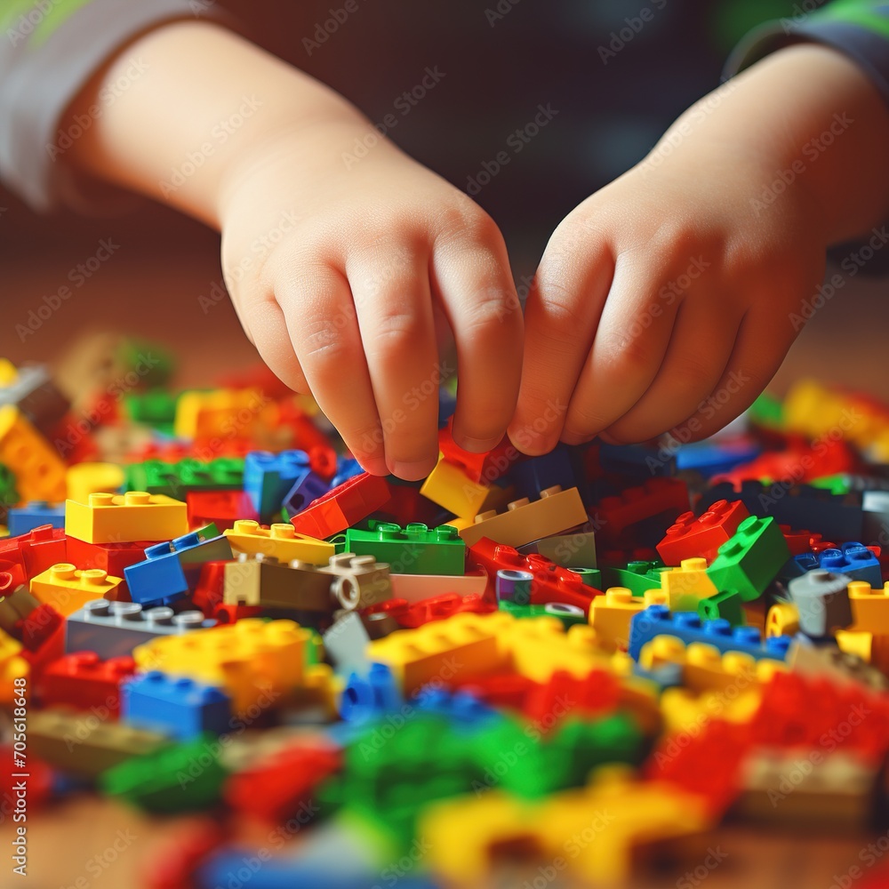 Fototapeta premium Children's hands play with colorfuls. Educational creative game.