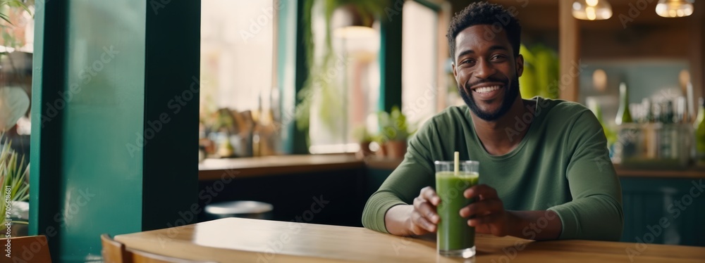 African American black man drinking healthy green juice looking at camera. Copy space.