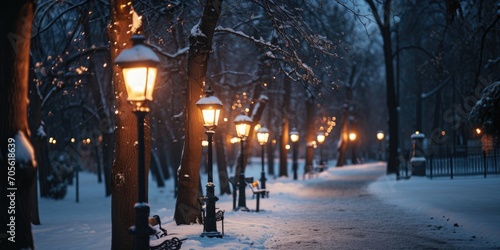 A picturesque snowy park with a row of street lights. Perfect for winter scenes or holiday-themed designs