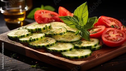 Sliced zucchini and cherry tomatoes on a wooden kitchen board, soft diffused light, f 5.6 macro lens