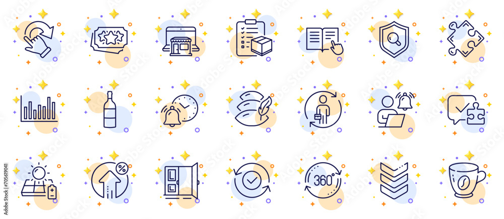 Outline set of Pillow, Shoulder strap and Replacement line icons for web app. Include Wine bottle, Rotation gesture, Puzzle pictogram icons. Full rotation, Marketplace, Loan percent signs. Vector Outline set of Pillow, Shoulder strap and Replacement line icons for web app. Include Wine bottle, Rotation gesture, Puzzle pictogram icons. Full rotation, Marketplace, Loan percent signs. Vector