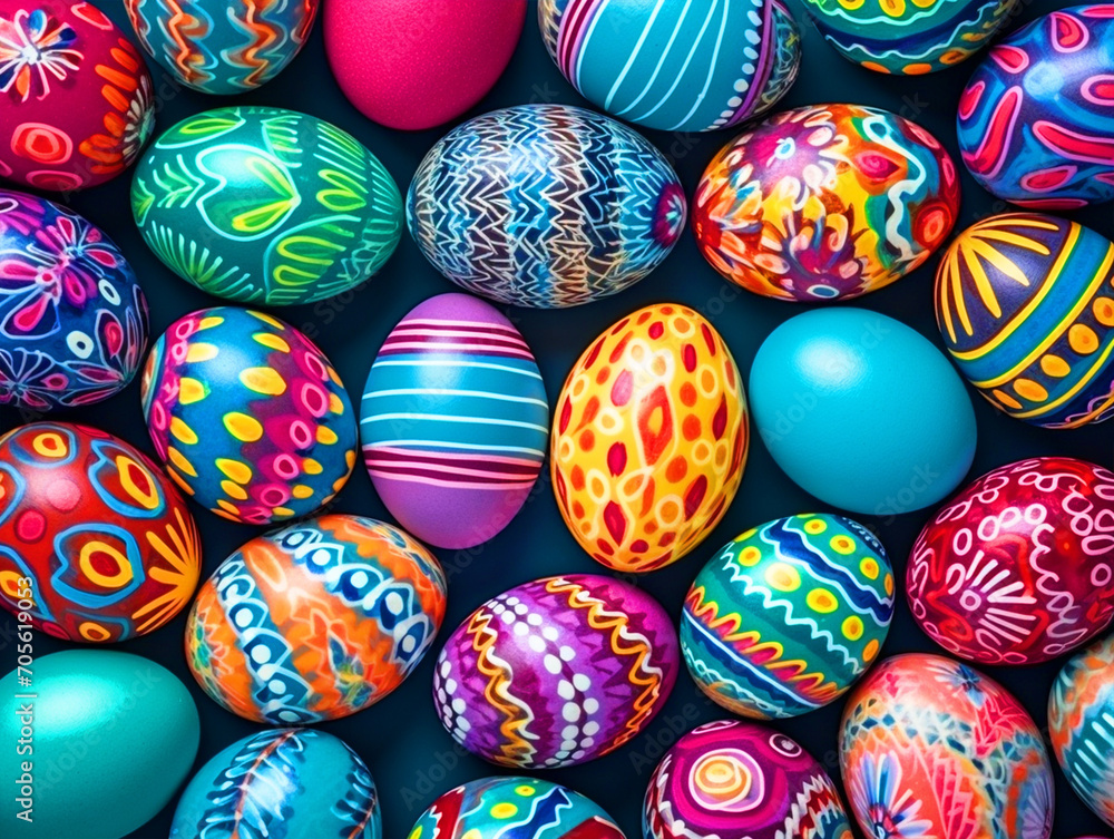 Colorful Easter eggs with patterns top view - ai generative Colorful Easter eggs with patterns top view - ai generative