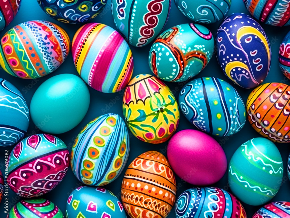 Colorful Easter eggs with patterns top view - ai generative Colorful Easter eggs with patterns top view - ai generative