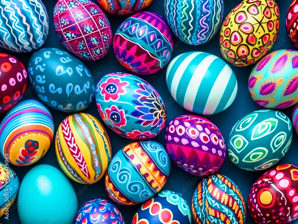 Colorful Easter eggs with patterns top view - ai generative Colorful Easter eggs with patterns top view - ai generative