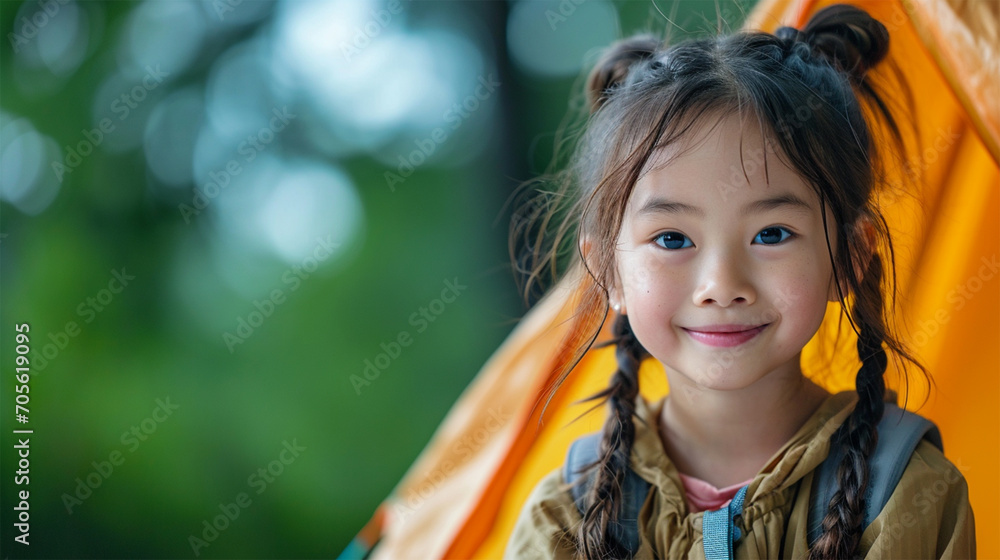 Child sitting near tent in forest in front of camping tent Child sitting near tent in forest in front of camping tent
