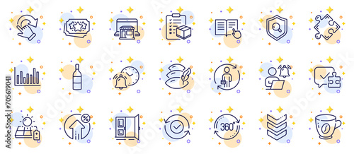 Outline set of Pillow, Shoulder strap and Replacement line icons for web app. Include Wine bottle, Rotation gesture, Puzzle pictogram icons. Full rotation, Marketplace, Loan percent signs. Vector