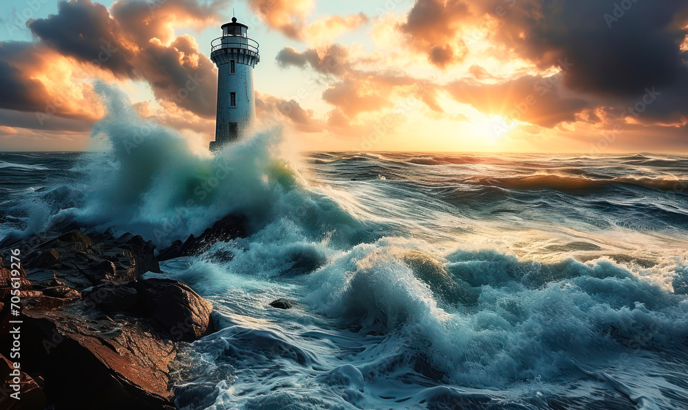 Dramatic scene of a lighthouse standing resilient against tumultuous sea waves under a stormy sky at sunset, symbolizing guidance and safety