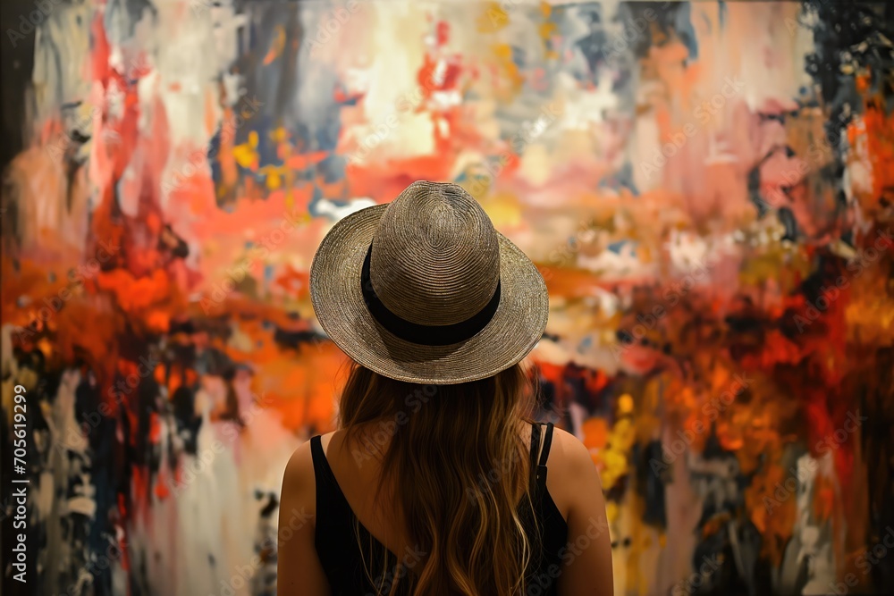 woman wearing hat standing in front of abstract painting in an art gallery 