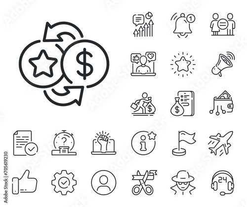 Bonus money. Salaryman, gender equality and alert bell outline icons. Loyalty points line icon. Discount program symbol. Loyalty points line sign. Spy or profile placeholder icon. Vector
