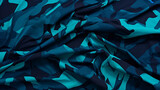 A camp camouflage fabric with blue and black, in the style of energetic brushstrokes, dark emerald and violet, dark black and light aquamarine, bold, strong contrast, chiaroscuro