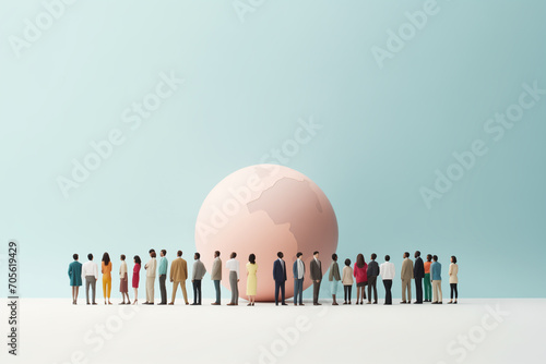 Human figures standing in front of world globe map, cute human puppet figures near the globe, world multicultural and multi ethnic population wallpaper concept in a minimalist copy space background