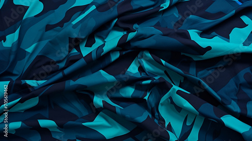 A camp camouflage fabric with blue and black, in the style of energetic brushstrokes, dark emerald and violet, dark black and light aquamarine, bold, strong contrast, chiaroscuro photo