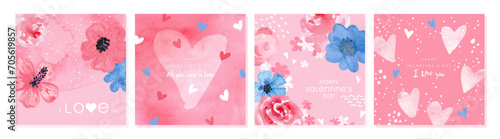Set of beautiful valentine's day cards with watercolor flowers and hearts.Vector illustration for postcards,posters, coupons, promotional material