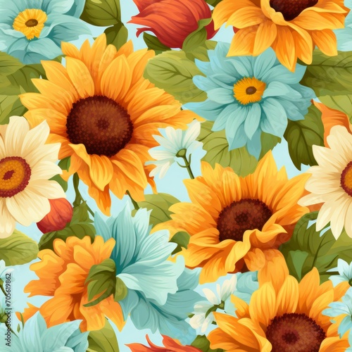 Vibrant sunflowers in a harmonious composition  creating a delightful seamless pattern