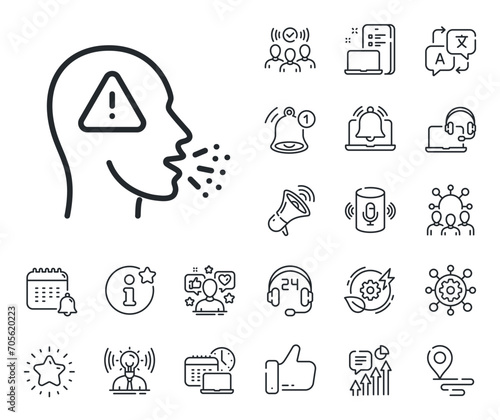 Coronavirus symptom sign. Place location, technology and smart speaker outline icons. Cough line icon. Flu, sneeze or pneumonie symbol. Cough line sign. Influencer, brand ambassador icon. Vector