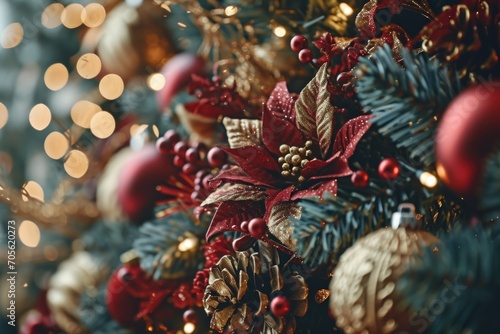 A close-up view of a beautifully decorated Christmas tree with twinkling lights in the background. Perfect for adding a festive touch to any holiday-related project or advertisement