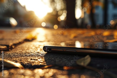 A cell phone is pictured on the ground, illuminated by the sun. This image can be used to depict a lost or abandoned phone or to illustrate the concept of technology in nature