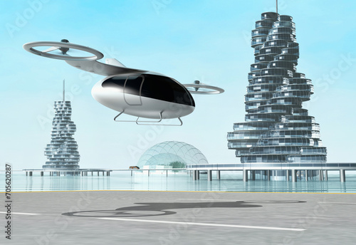 Concept of a passenger drone. City transport. Air taxi. 3d illustration