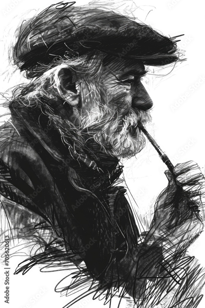 A drawing of a man with a pipe in his mouth. Suitable for vintage-themed designs or illustrations A drawing of a man with a pipe in his mouth. Suitable for vintage-themed designs or illustrations