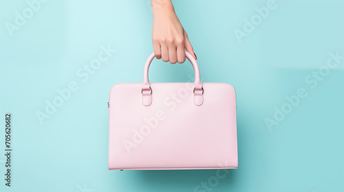 Pink designer bag isolated, Female hands holds handbag on blue background . Flat lay, top view. Spring fashion concept in pastel colored, Ai generated image