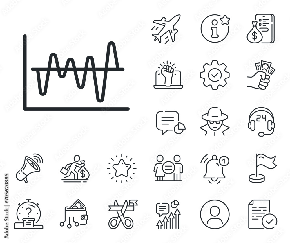 Economic graph sign. Salaryman, gender equality and alert bell outline icons. Investment chart line icon. Stock exchange symbol. Business finance. Stock analysis line sign. Vector Economic graph sign. Salaryman, gender equality and alert bell outline icons. Investment chart line icon. Stock exchange symbol. Business finance. Stock analysis line sign. Vector
