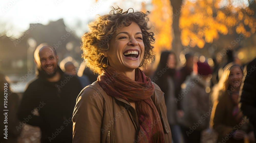 Person Laughing Joyfully in Front of a Crowd Person Laughing Joyfully in Front of a Crowd