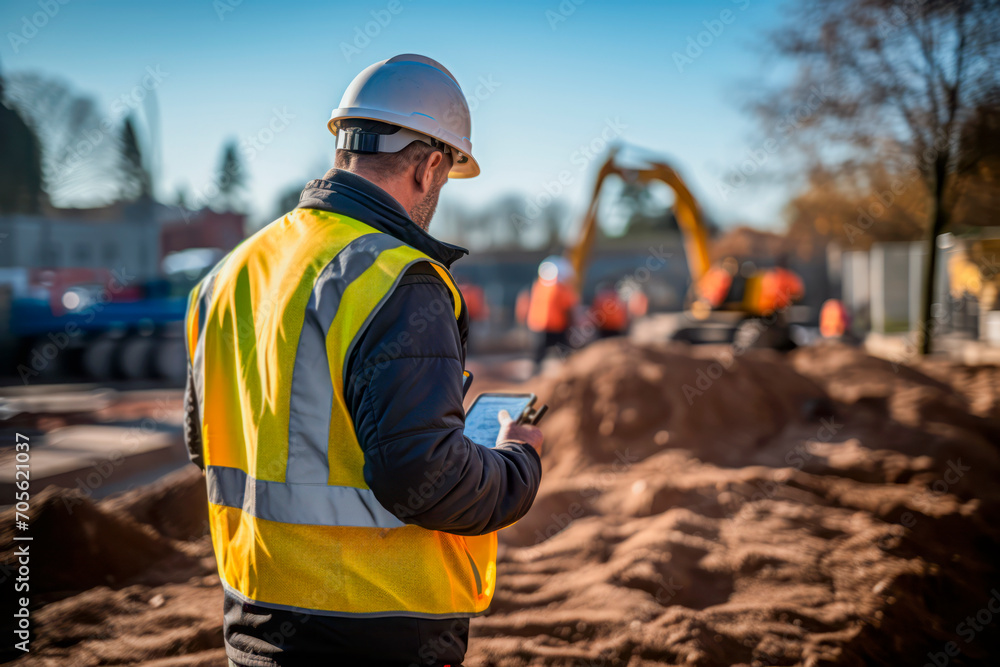 Focused Foreman Managing Construction Site Via Digital Tablet, selective focus Focused Foreman Managing Construction Site Via Digital Tablet, selective focus