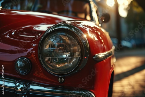 A close-up view of the front of a red car. Can be used for automotive industry promotions or car-related articles