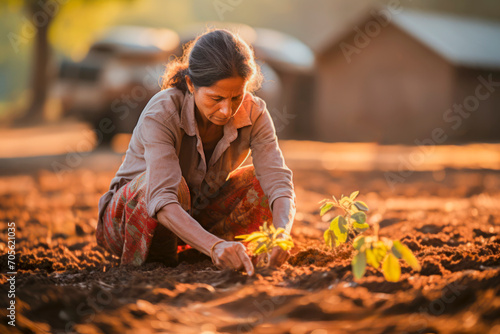 Elderly Indian Woman Tenderly Cultivates Saplings at Sunset, selective focus