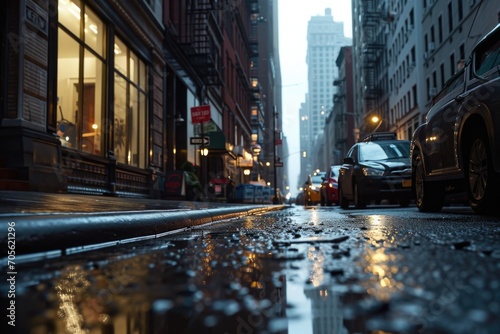 A wet street with cars parked on the side. Suitable for urban scenes and transportation themes