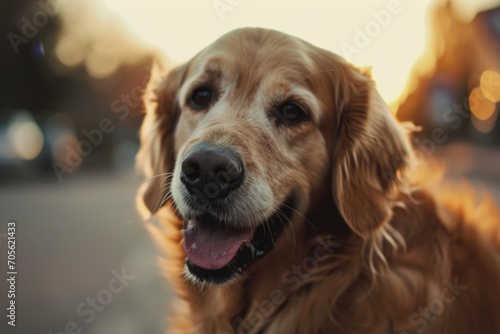 A close-up photograph of a dog standing on a street. Suitable for various uses