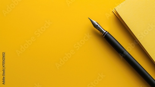 Fountain pen next to a notebook on a yellow background photo