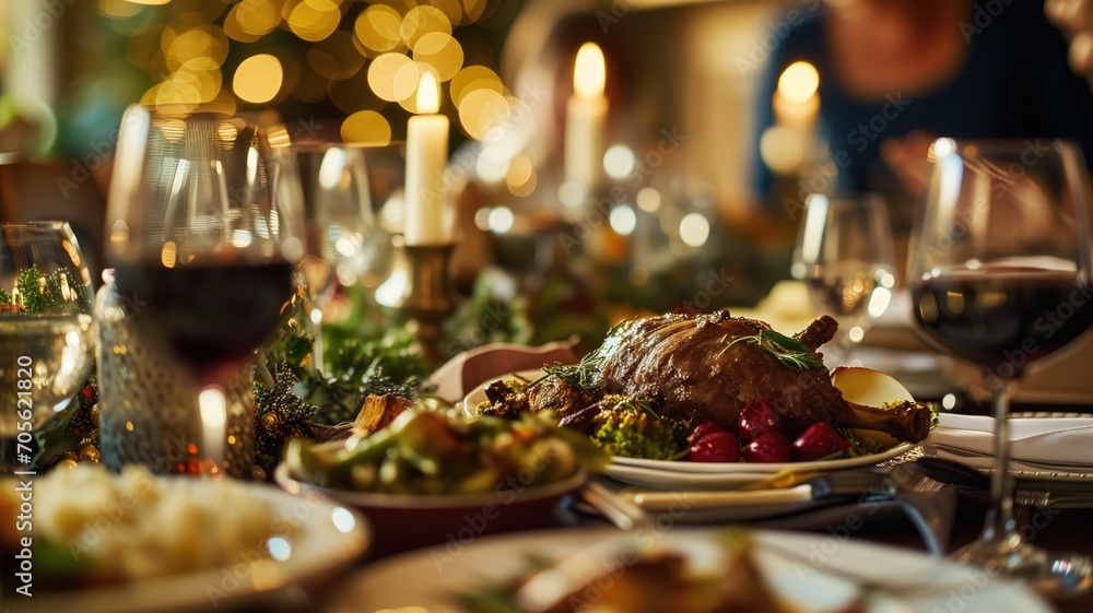 Obraz premium Festive dinner table with roast and wine glasses