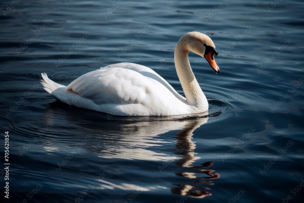 A white swan swims on the lake. Generative AI A white swan swims on the lake. Generative AI