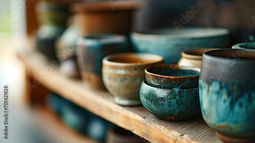 Handcrafted pottery displayed on wooden shelves