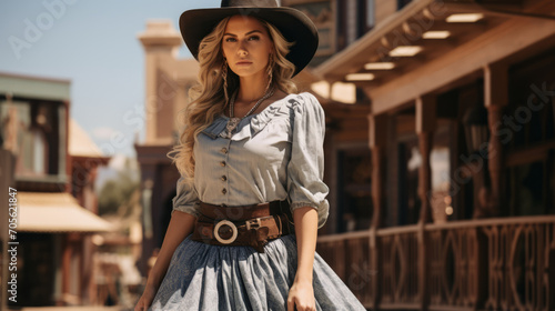 Woman of the wild west wearing a dress in a western cowboy town photo