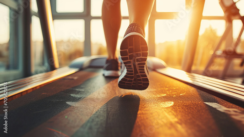 Close-up of a woman's feet on the treadmill, training in the gym or at home