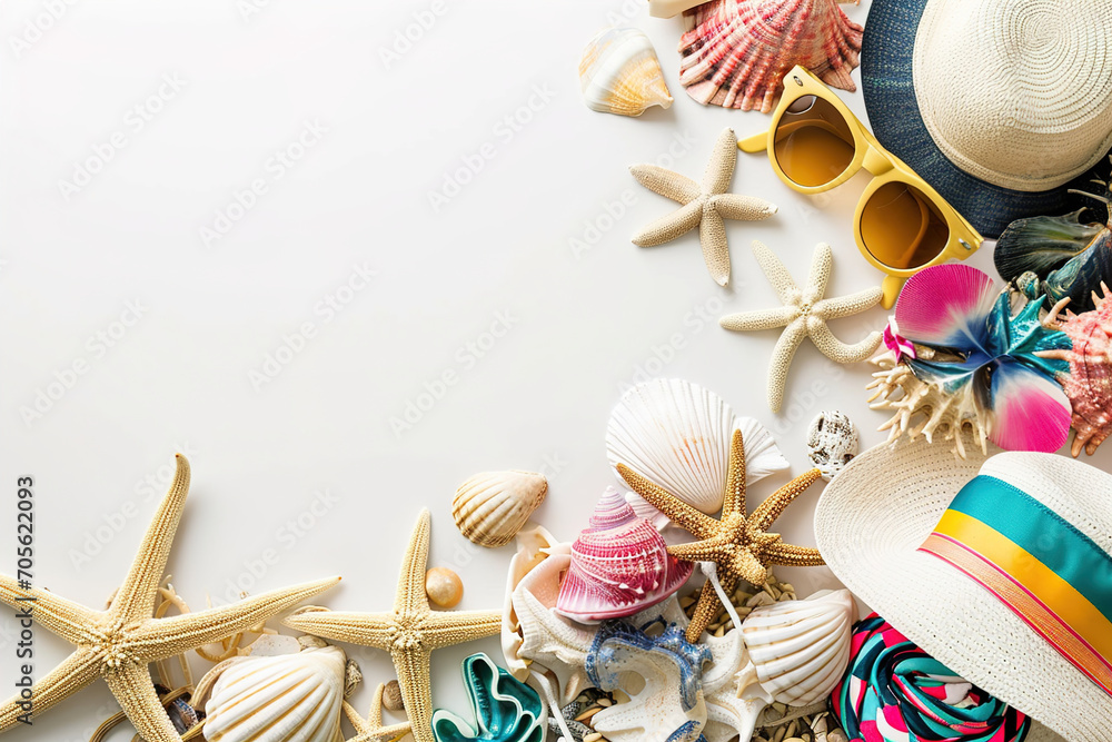 Naklejka premium Border of beach accessories and toys scattered on a white background.