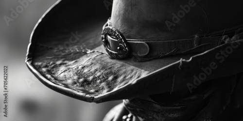 A black and white photo of a cowboy hat. Suitable for western-themed designs and publications