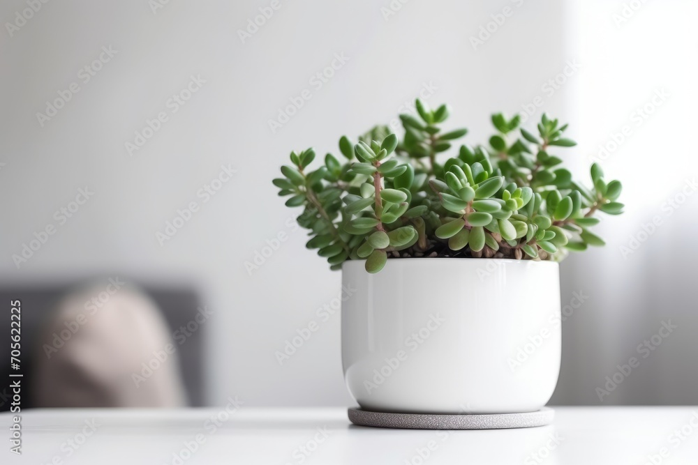 Beautiful Crassula ovata, succulent plant in a modern flower pot on a white table on a light background. Generative AI