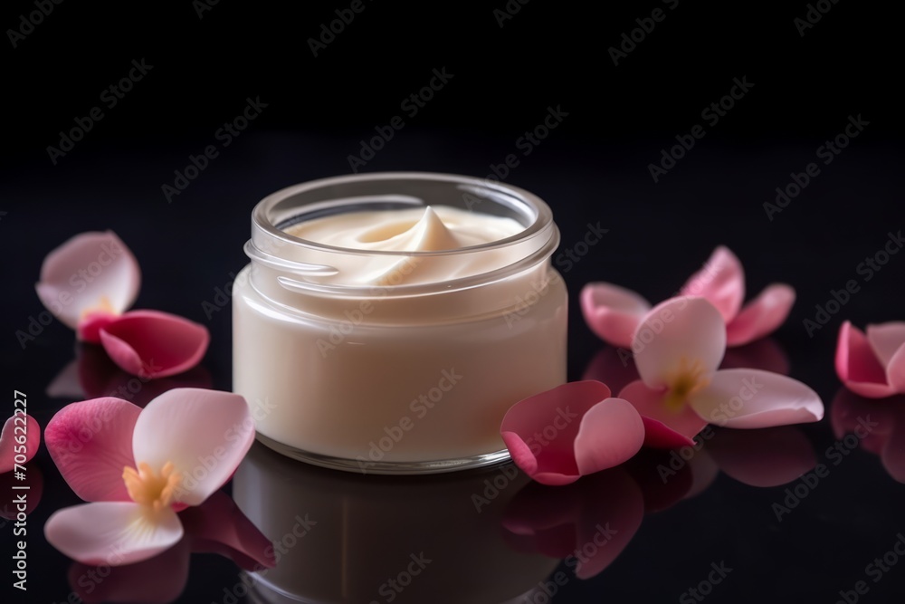 Beauty cream jar and flower petals. Generative AIv Beauty cream jar and flower petals. Generative AIv