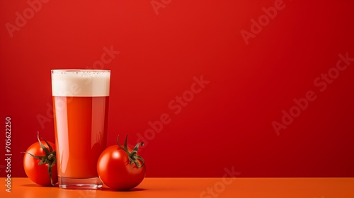 Tomato juice in glass on wooden table with red background, creating a vibrant and inviting scene © Andrei